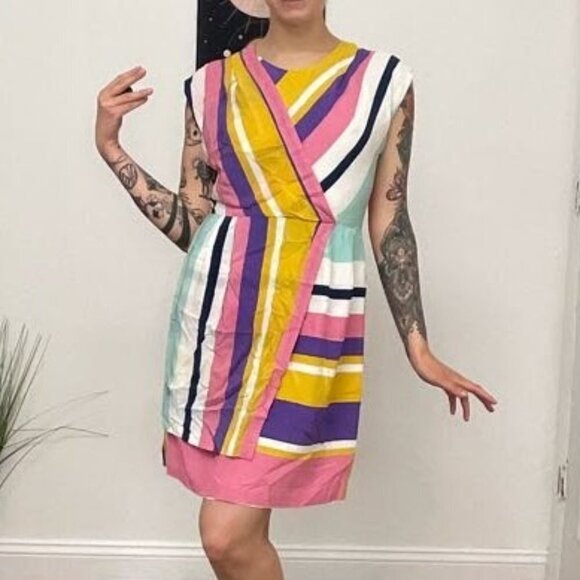Slate & Willow Combo Striped Faux Wrap Dress Cap Sleeve Size 8 Pink/Yellow - Picture 4 of 16